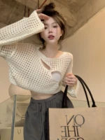 french style pure desire design feeling hollowed out with wool sweater for women in summer high waist exposed navel short spicy