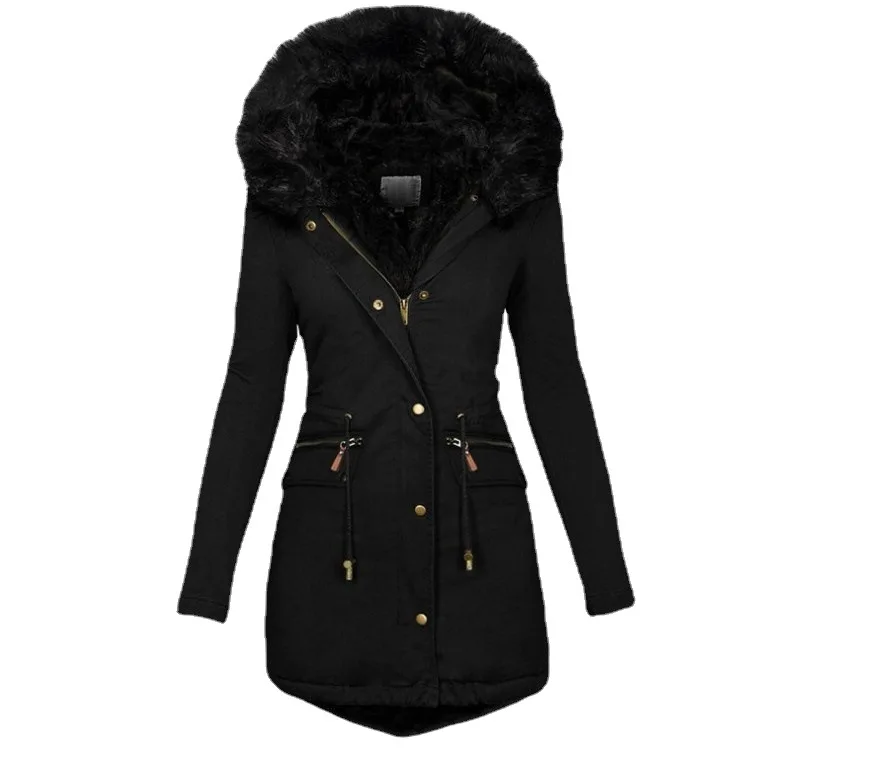 Women's autumn and winter solid color wool collar hooded medium long warm cotton padded jacket for women