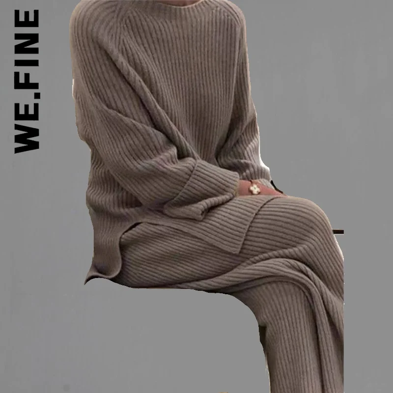 We.Fine Casual Two-piece Sweater Long Sleeve Top Thick Sweaters Women Long Sleeve Solid Color Knitted Winter Women Two-piece