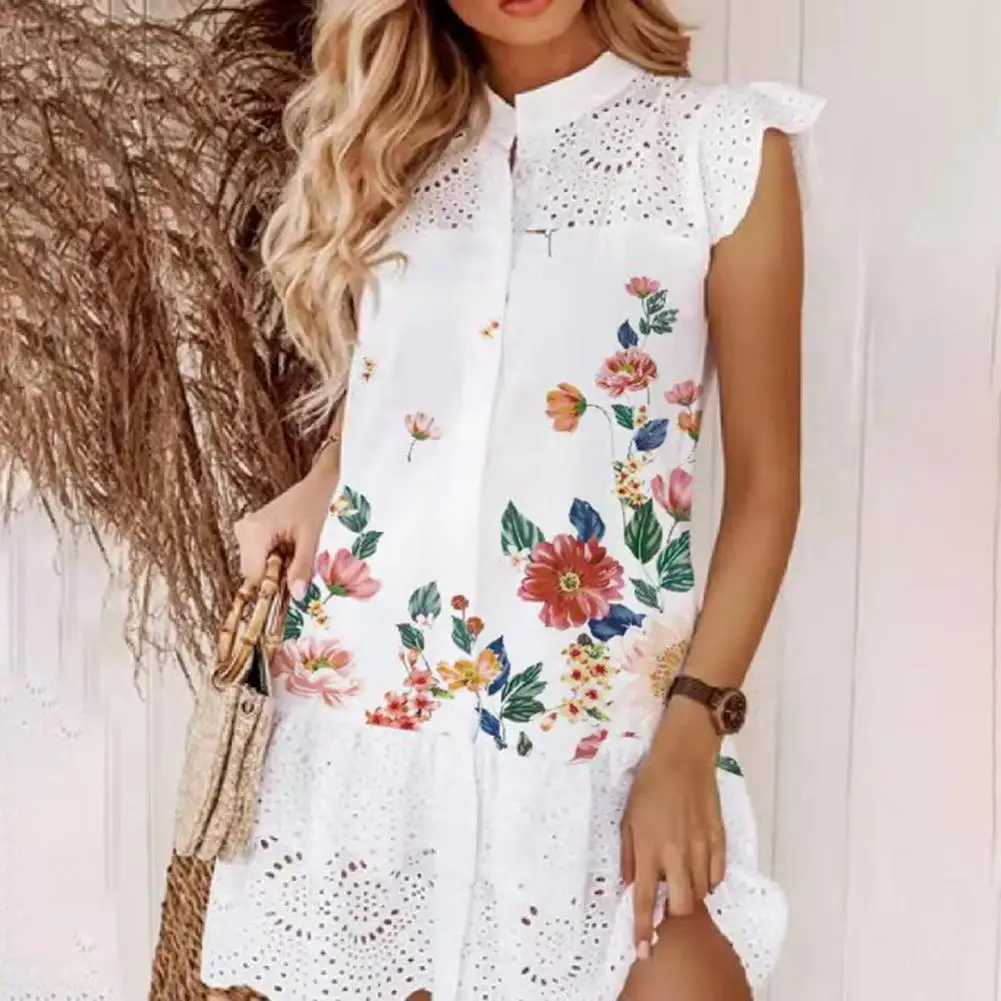 

Summer Hollow Shirt Dress Women's Elegance Dress Floral Print Ruffles Hem Summer Single Breasted Ruched Mini Dress for Beach