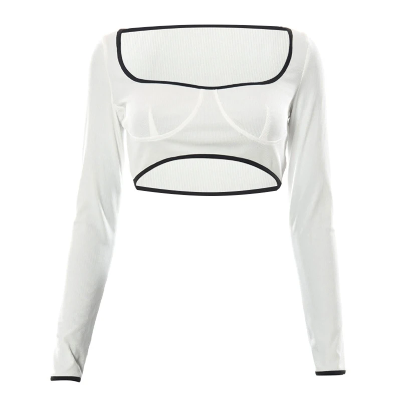 

Womens Spring Long Sleeve Ribbed Crop Top Sexy Low Cut Sqaure Neck Bodycon T-Shirt Contrast Color Trim Slim Fit Pullover Jumper