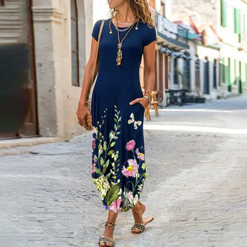

Summer Women Floral Print Casual Dress Short Sleeve robe vestido New Slim Long Bohemian Dresses A-Line For Women 2023 Robe