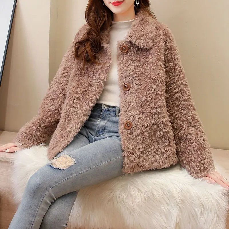 2022 Autumn Winter Coat Woman Real Fur Coat Women Warm Ladies Wool Fur Sheep Shearing Jackets Female Plush Coat Outwear E490
