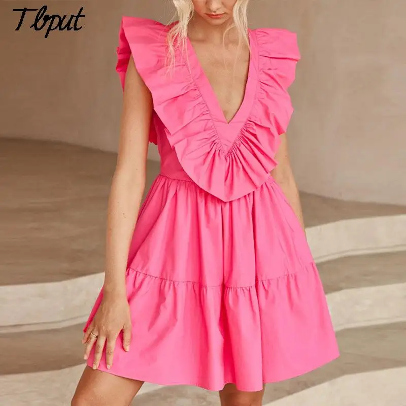 

Women 2022 Summer Cute Sleeveless Ruffled High Waist Pleated Mini Dress Female Solid Sexy Deep V Neck Holiday Beach A-line Dress