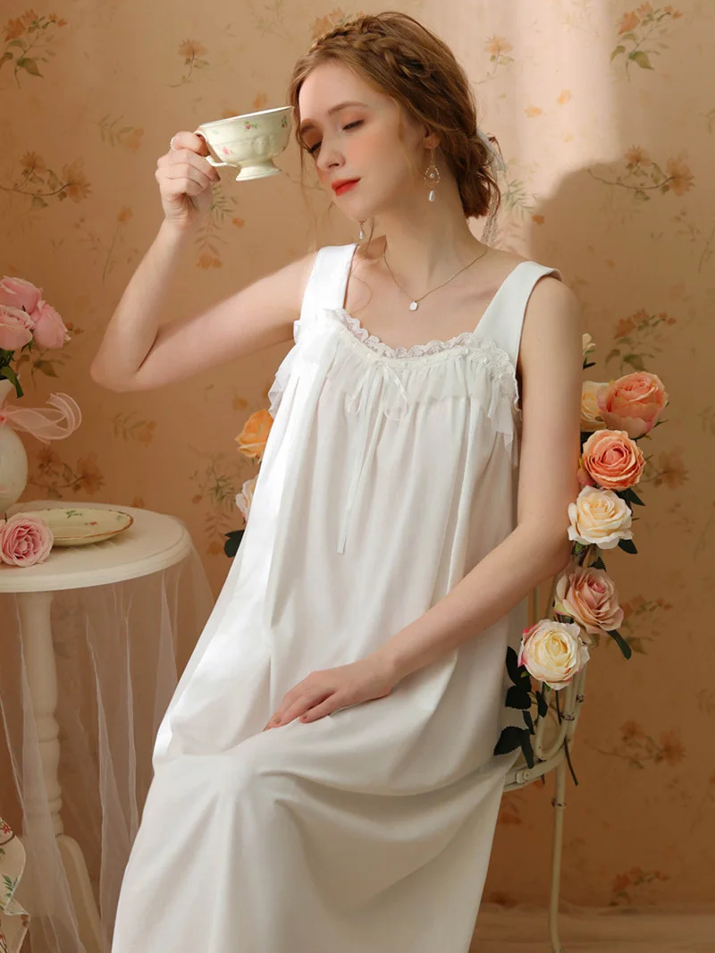 Vintage Princess Sleeveless Backless Pajama Women's Summer French Sweet Medium Long Lace Ruffles Romantic Victorian Night Dress