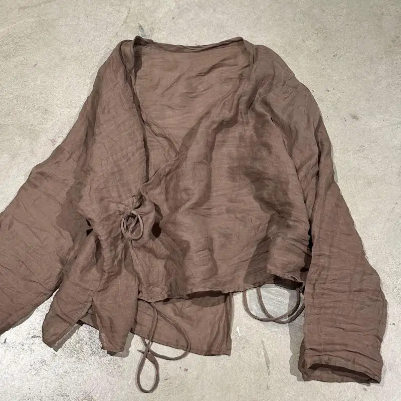 Новая весенне-летняя женская свободная рубашка в художественном стиле с длинным рукавом и v-образным вырезом, высококачественная блузка Ramie с косой передней частью на шнуровке, женские топы (art.: 3920ced53fce5) - 3920ced53fce5