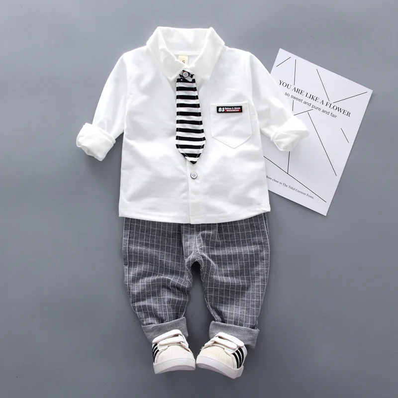 Купи Boys Solid Clothing Sets Spring Autumn Baby Cotton Long-Sleeve Tie Shirt Pants 2pcs Outfits Kids Elegant Gentleman Suit 1-4Y за 1,183 рублей в магазине AliExpress