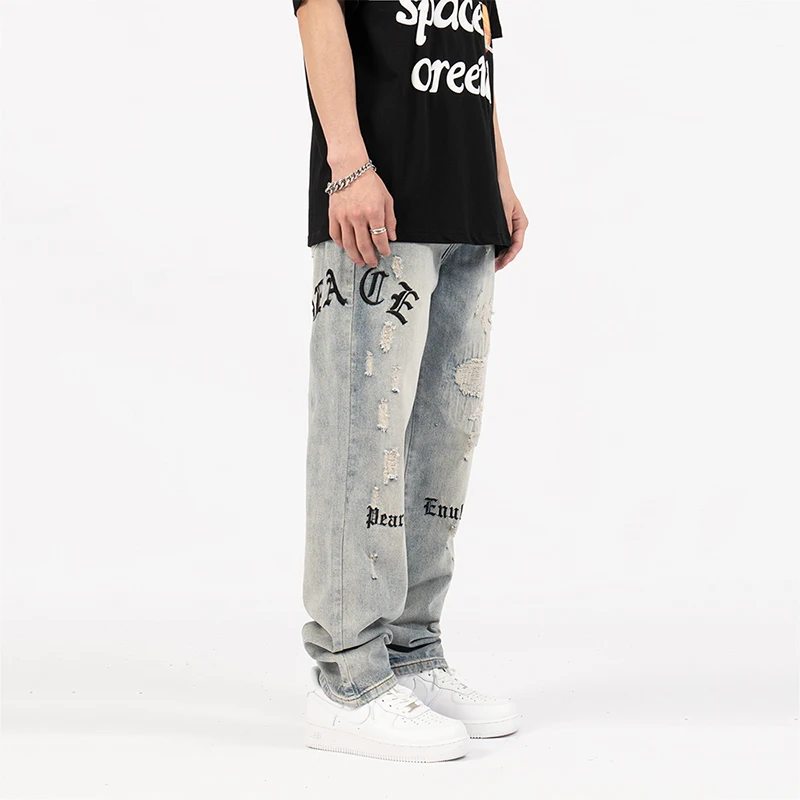 Europe and America High Street Ripped Jeans Men's Embroidery Design High Street Retro Washing Trend Ins Pants Street Clothing