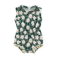 cute infant baby girls clothing casual summer cotton bodysuit green floral print round neck sleeveless fringed jumpsuit