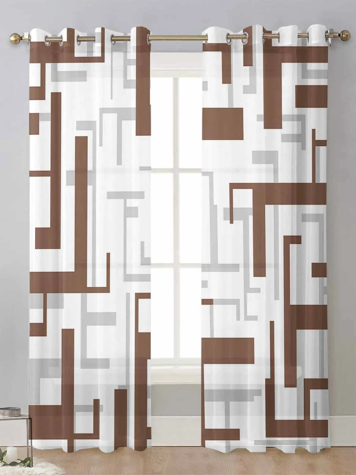 

Modern Art Geometry Brown Grey Sheer Curtains For Living Room Window Transparent Voile Tulle Curtain Cortinas Drapes Home Decor