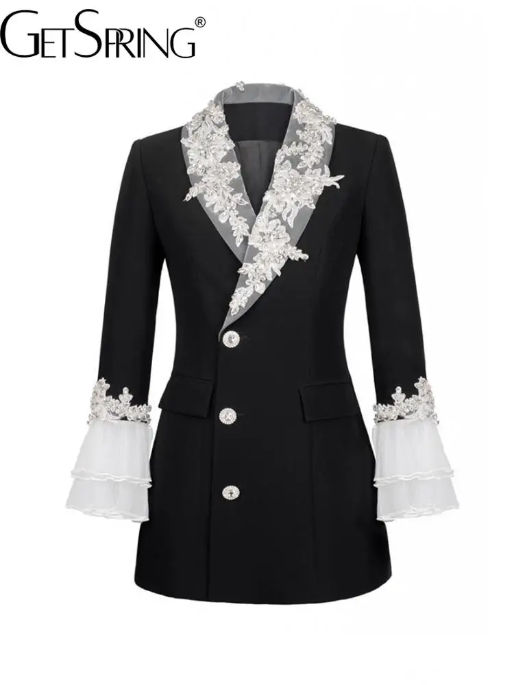 

GetSpring Women Dress 2022 Early Autumn Temperament Diamond Embroidery Flare Sleeve Single Breasted Black Mini Blazer Dresses