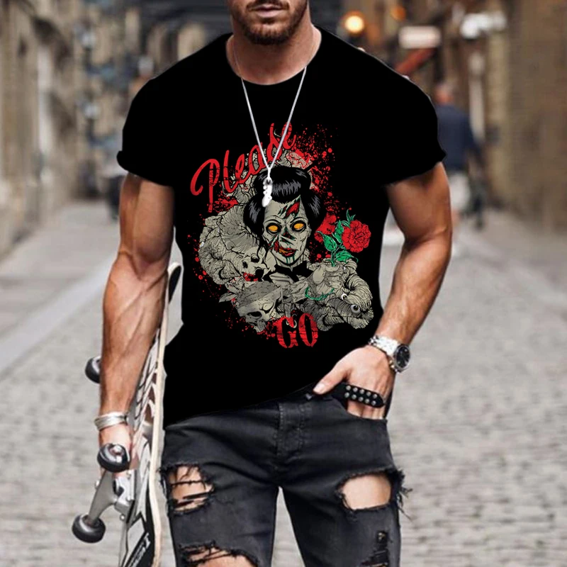 

Summer New Skull Beauty Printed T Shirt for Men Casual Oversized Short Sleeve Clothes Streetwear Hip Hop 3D Printing Top Tees