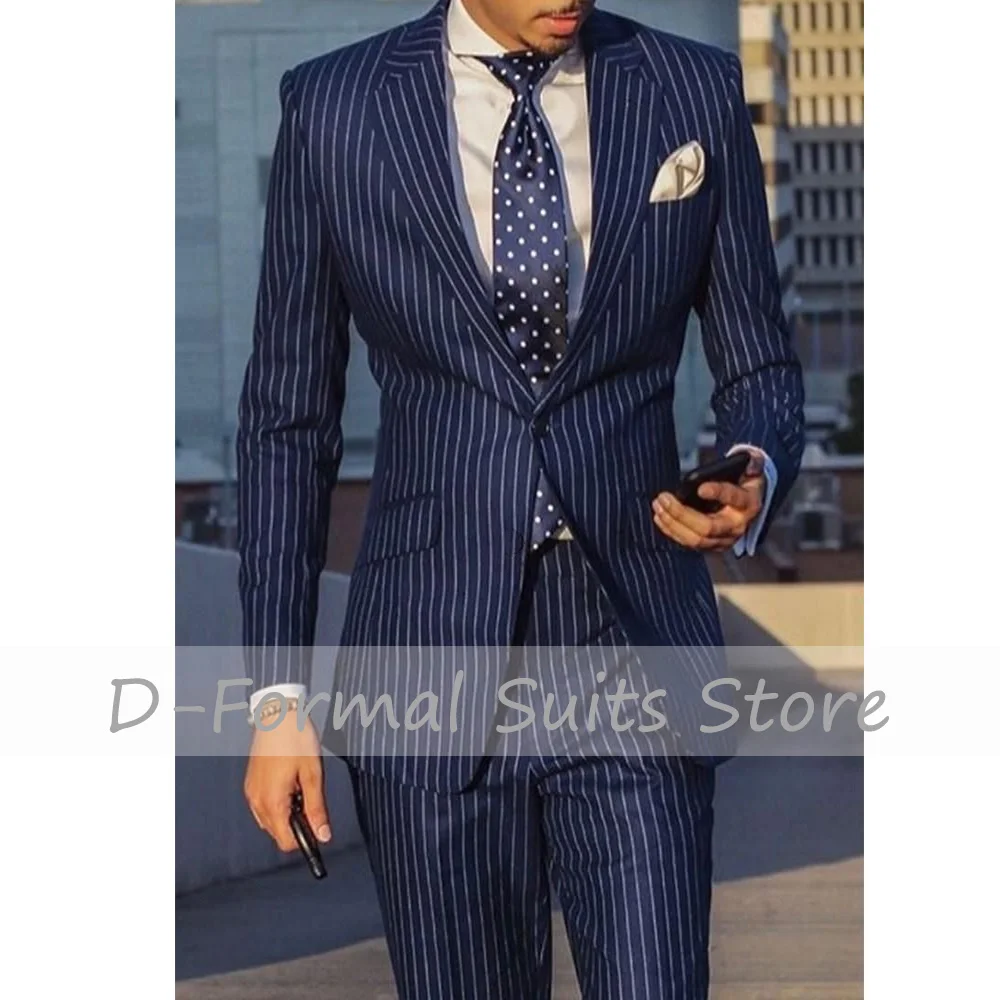 Navy Blue 2 Piece Slim Fit Business Men Suit Stripe Groom Wedding Tuxedo Custom Skinny Prom Wedding terno masculino completo