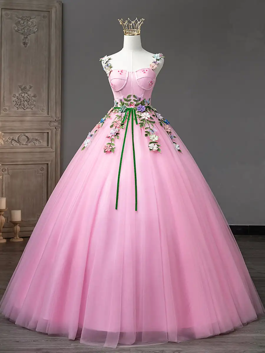 

Милое розовое Тюлевое свадебное платье с вышивкой и цветочной аппликацией, женское бальное платье без рукавов для дня рождения, платья для Quinceanera, платья
