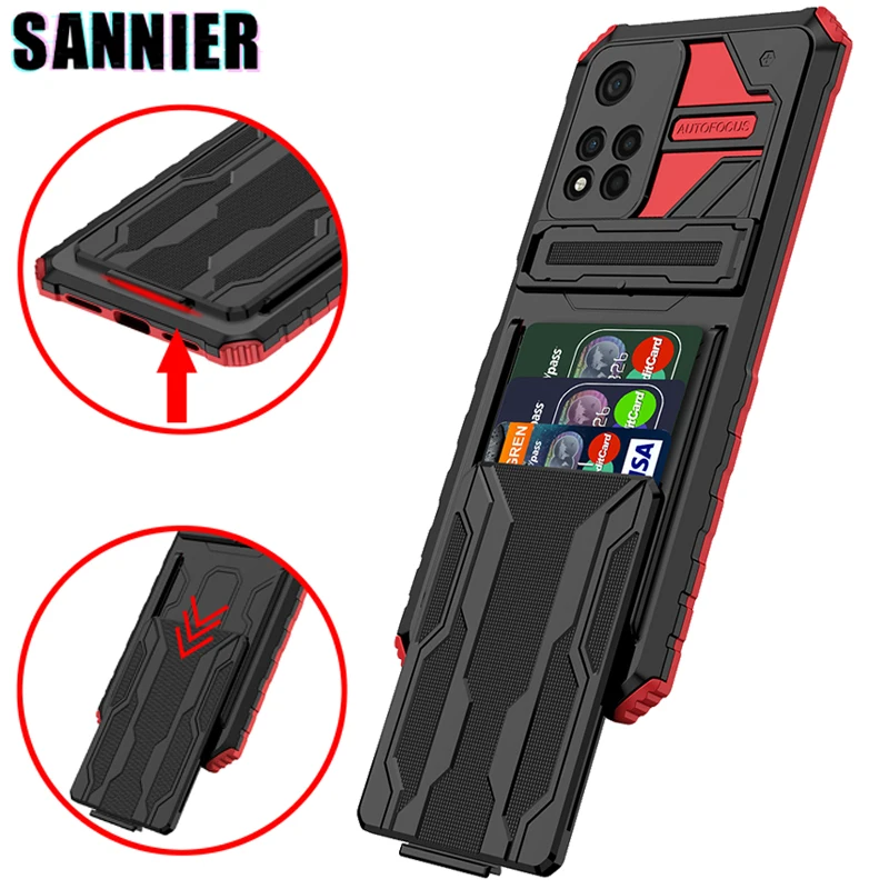 

Shockproof Card Slot Phone Case For Redmi Note 9 10 11 Pro Max 9S Bracket Card Holder Cover for Redmi Note 11 Pro Plus 10Pro 10S