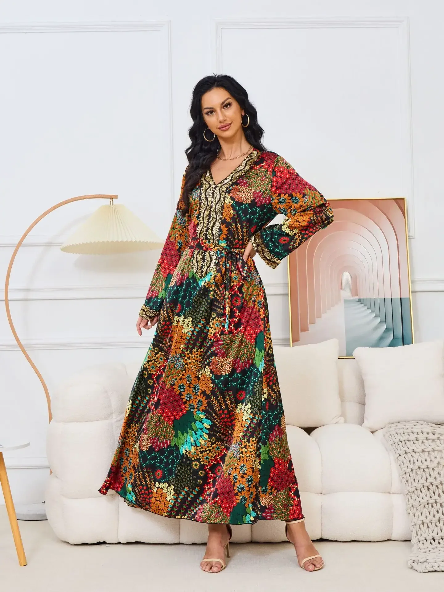 Платье с принтом для женщин модная мусульманская Абая повседневная v-образным