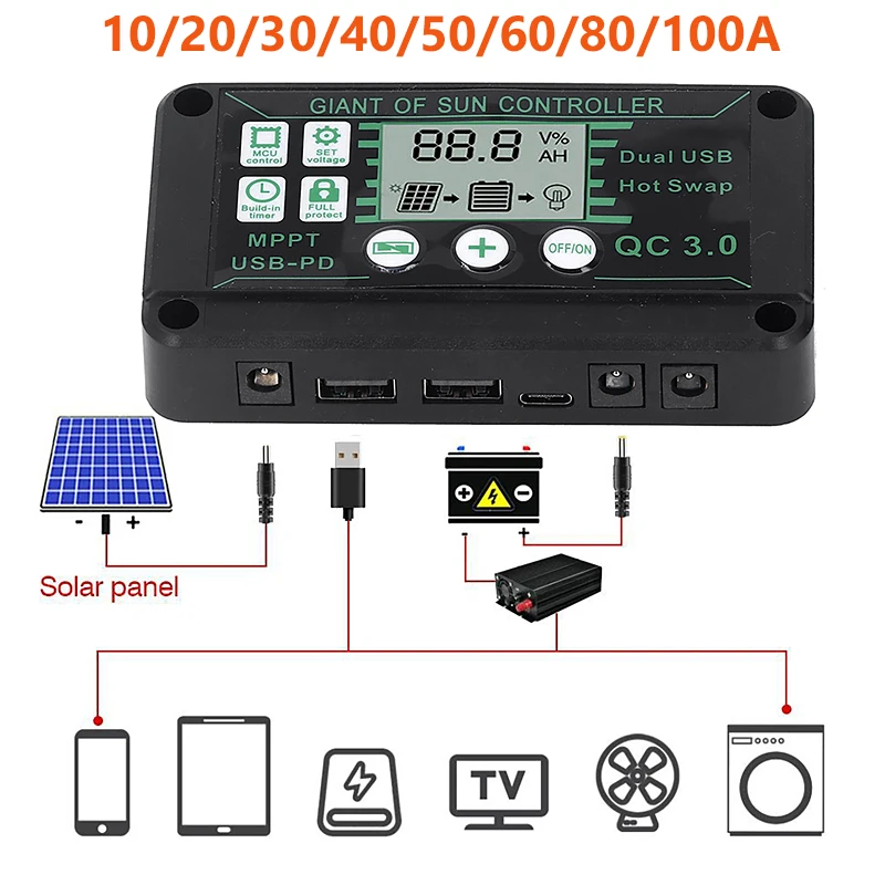 

30A/60A/100A Solar Controller MPPT Regulator Dual USB PV Panel Black Controller Solar Panel Battery Regulator Port Auto Display