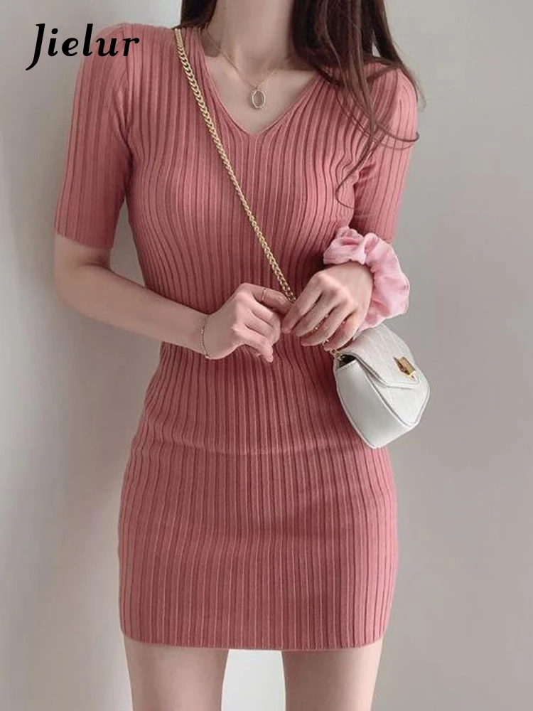 

Jielur Dresses for Women Summer Temperament Robe Femme V-Neck Short Sleeve Knitted Bodycon Mini Dress 2022 Vestidos De Mujer