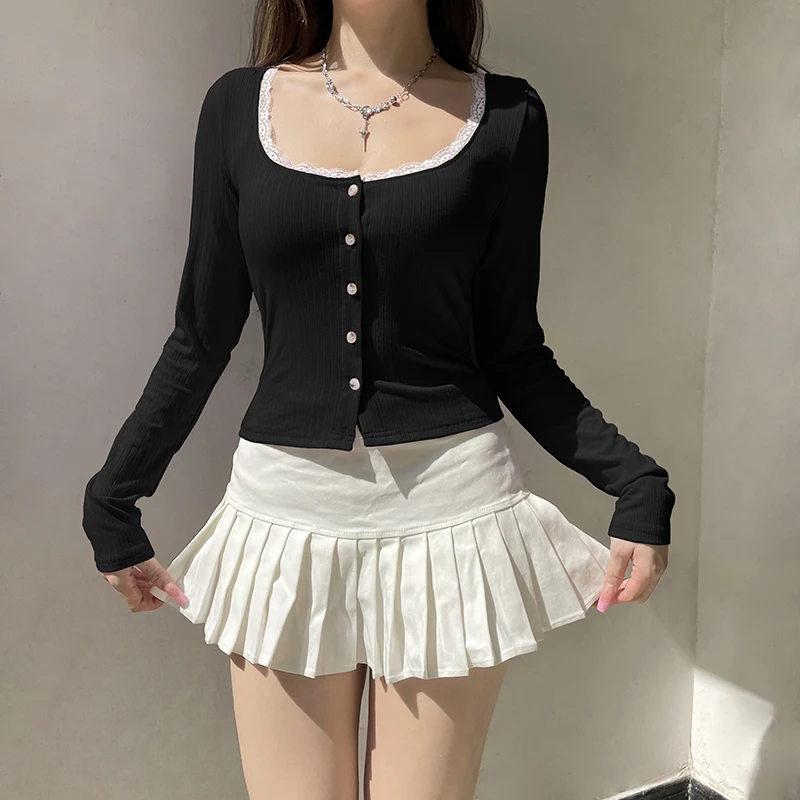 Iamhotty Женская Футболка Y2k С Контрастным Кружевом И Квадратным Вырезом Длинным