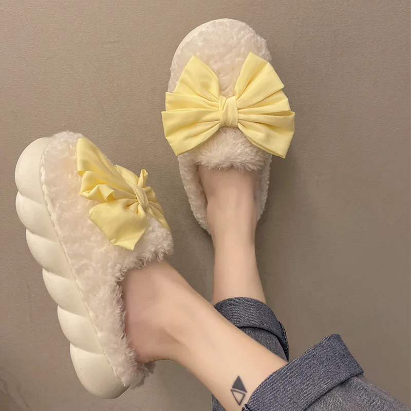 

Women Winter Cotton Slippers Home Cotton Shoes Girls' Buerryfly Knot Thick Sole Slides Plush 4CM Heels Furry Slides For Women