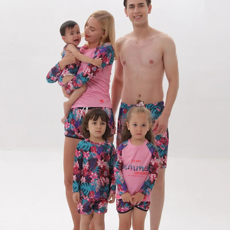 

Family Swimwear Long Sleeve Mother Daughter/Son Matching Swimsuits Father Swim Shorts Flower Mom Baby Mommy and Me Beach Clothes