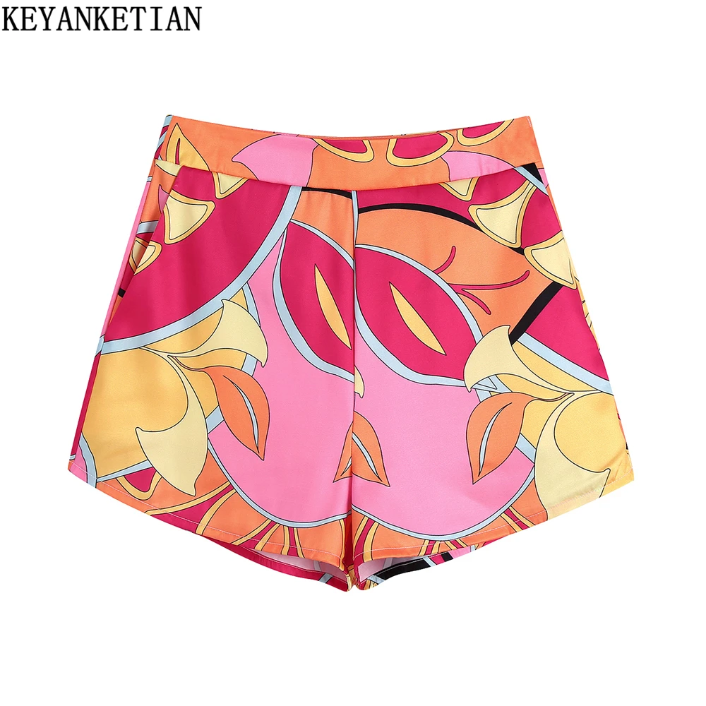 

KEYANKETIAN 2022 summer new pop style color ripple print zipper high waist straight pants shorts beach pants ladies pock