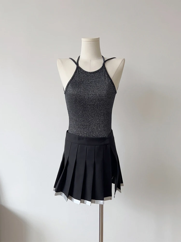 

Summer Tide Fashion Gyaru Pullover Women Outfits 2 Piece Set Solid Sleeveless Halter Top + A-Line Pleated Skirt Sexy Chic Korean