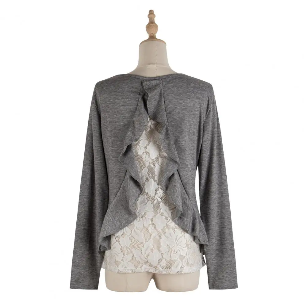 

Модная Осенняя блузка с воланом на краях, женский весенний Топ, однотонный теплый цвет