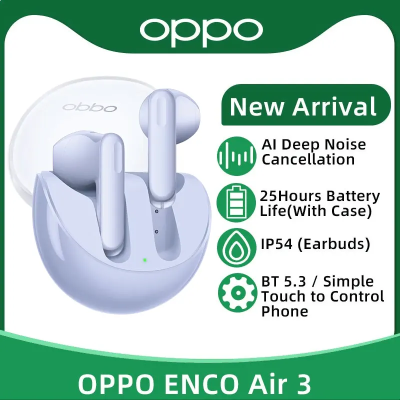 Наушники OPPO ENCO Air 3 TWS, беспроводные наушники Bluetooth 5,3, наушники-вкладыши с ИИ шумоподавлением, срок службы батареи 25 часов, IP54 для OPPO Reno 9 Pro