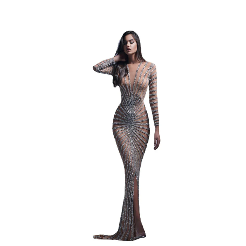 CINESSD 2022 new fashion hot drill women's net evening dress long sleeve open long dress dress dress