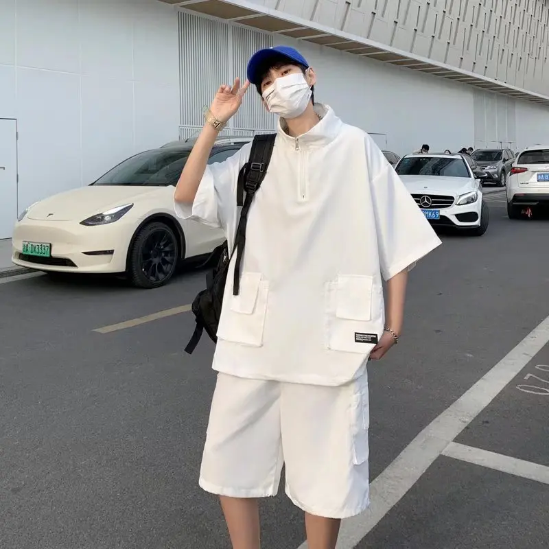 

Half Zipper Sweater Suit for Men2022Summer Hong Kong Style New Loose Version Fashion Fashion Cropped Sleeve Two-Piece Set