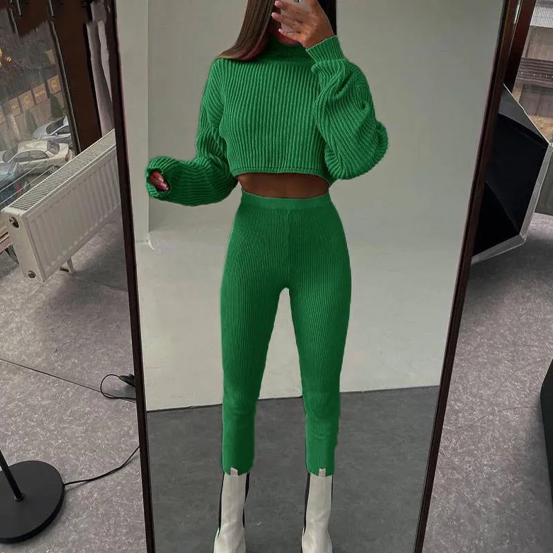 

2022 Sexy Y2K Knitted Women Suit Pencil Pants And Turtleneck Crop Top Two Piece Set Woman Outfits Autumn Winter