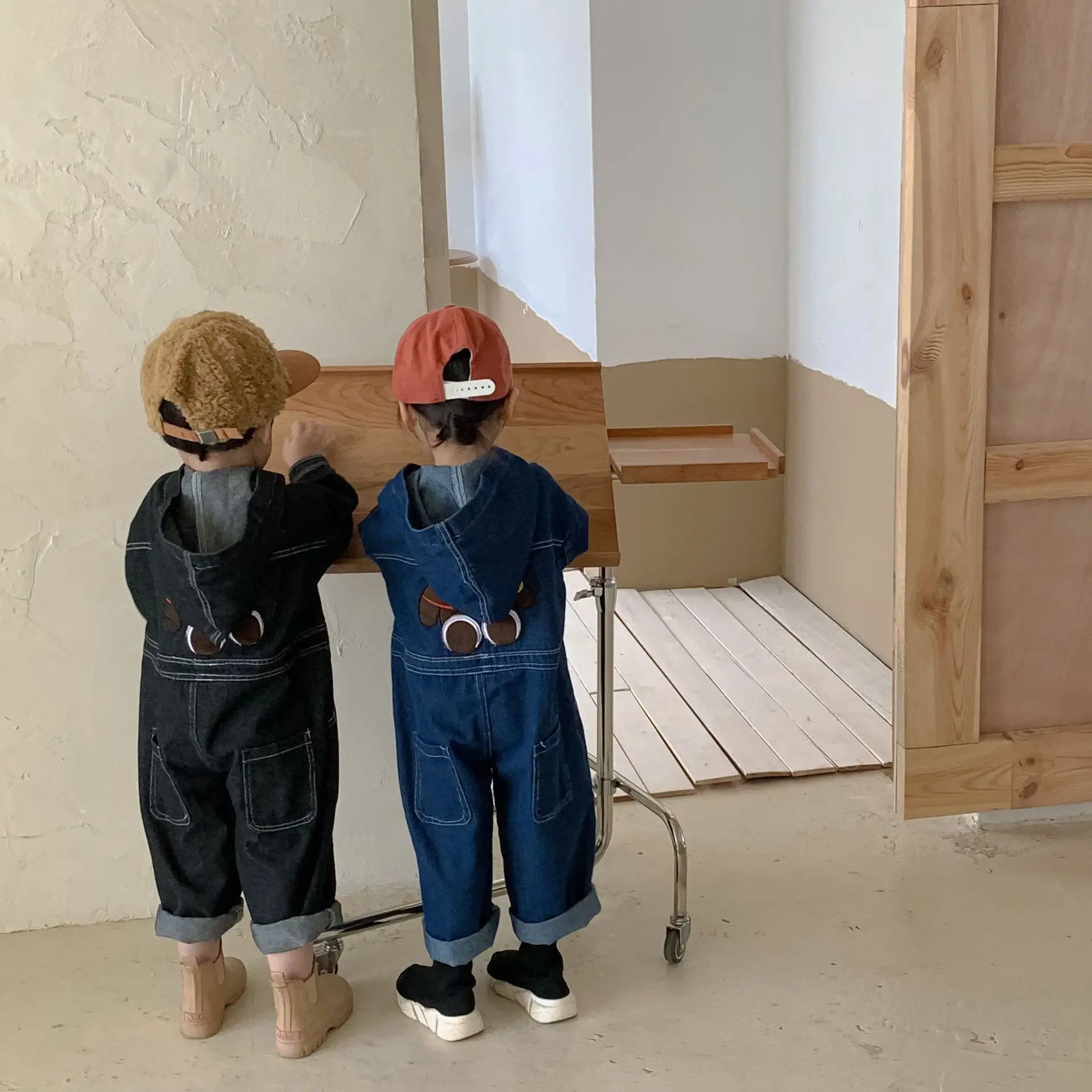 RiniKinda 2022 Autumn New Boys and Girls Cartoon Long Sleeve Loose Casual Jumpsuits Kids Hooded Denim Ankle Length Playsuits