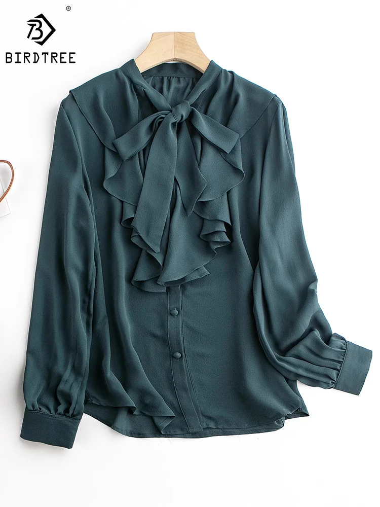 

Birdtree Women 100%Mulberry Silk Shirt Solid Color Dark Green Long Sleeve Bow-tie Neck Blouse Top Pullover Office Work B38809QM