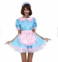 new hot selling maid sissy blue and pink pvc lapel cute independent apron shoulder fluffy ruffle dress custom
