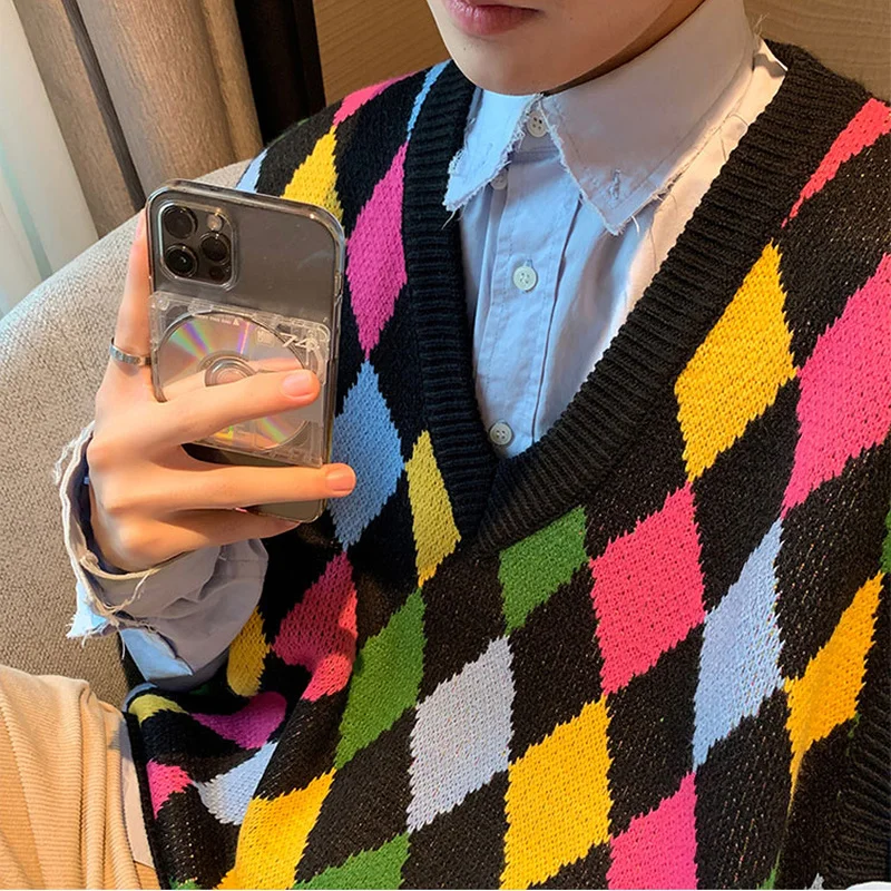 Fashion Colorful Argyle Sweater Vests Men Couples Panelled Causal Sleeveless Knitwear Harajuku Loose Hip Hop Japan Style V-neck