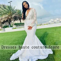 Aso Ebi 2022 White Sparkly Sequin African Girls Evening Dresses   Long Sleeve Mermaid Pius Size Wedding Party Gowns Prom Dress