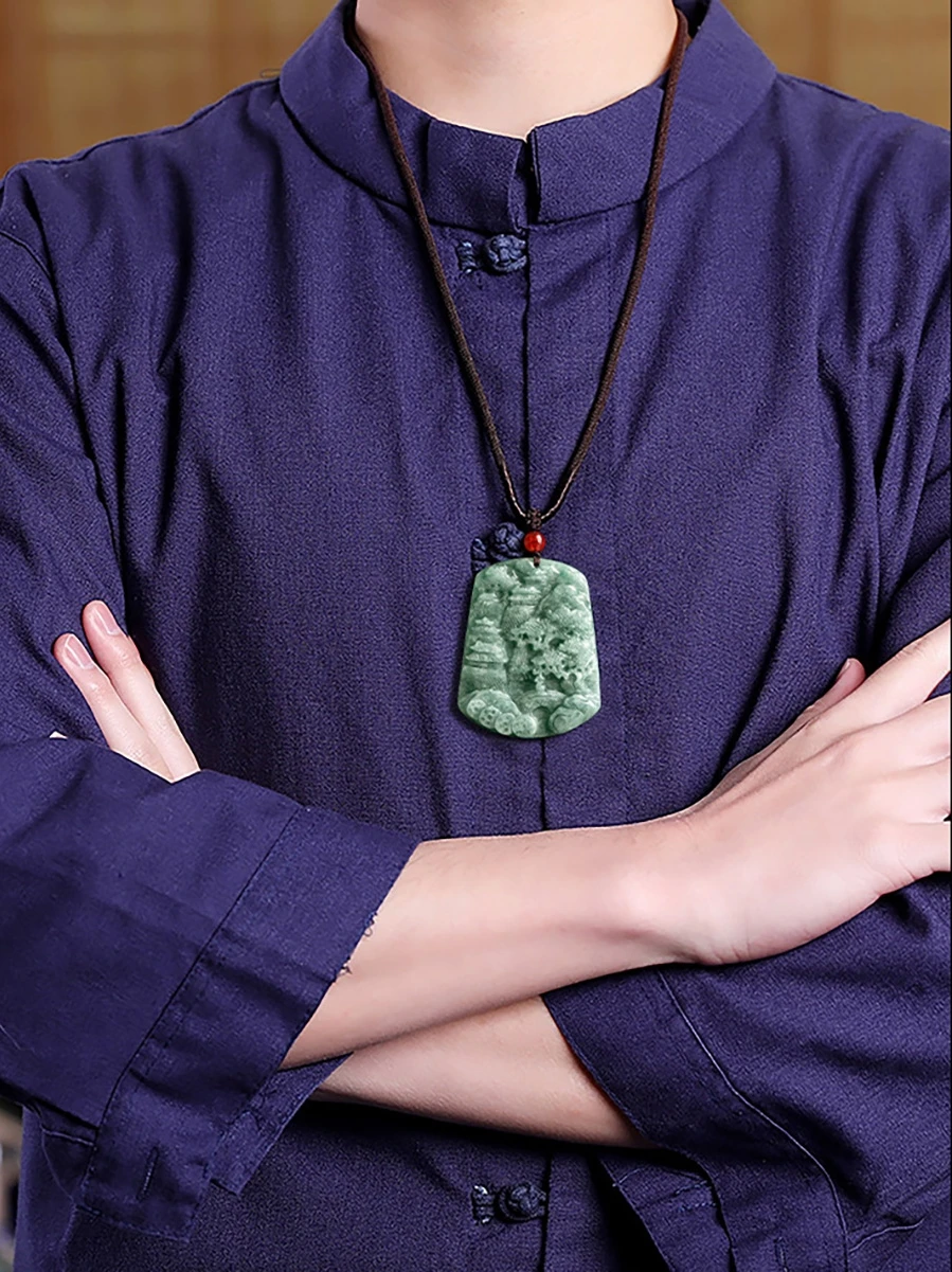 Cuing Fu Genuine Natural a Goods Jade Bean Landscape Brand Pendant Men's and Women's Ss04
