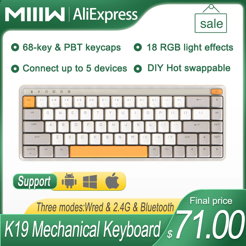 

MIIIW K19 Mechanical Keyboard 68-key Three connection modes wired, 2.4G and Bluetooth wireless keyboard