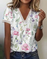 new womens tees casual tops floral print lace patch v neck short sleeve t shirt 2022 summer fashion female clothing ladies