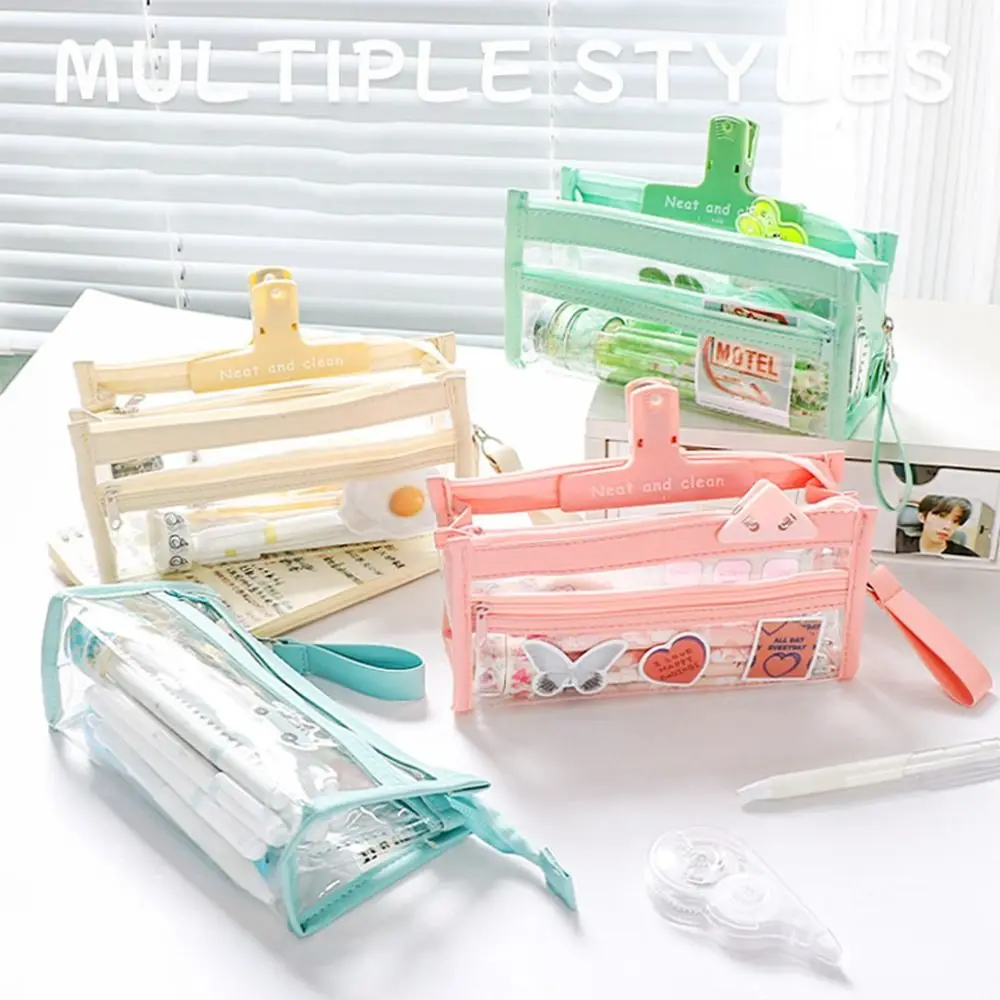 

4-layer Large Capacity Pen Bag Transparent Solid Color Pencil Box Student Gift Creative Stationery Organizer Learning Supplies