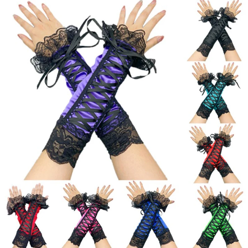

Women Sexy Lace Long Gloves Elbow Length Half-finger Gloves Ribbon Fingerless Fishnet Mesh Etiquette Party Goth Halloween Mitten