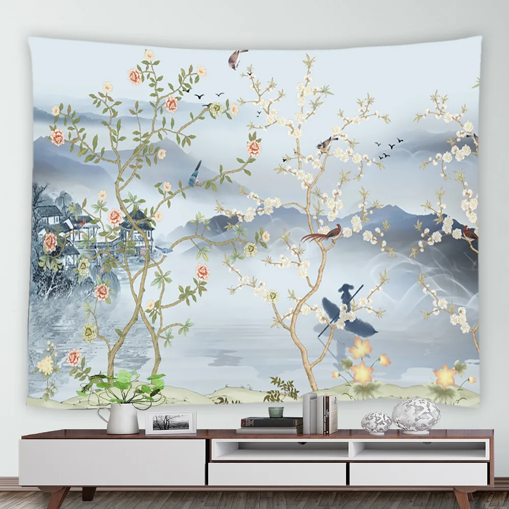 

Chinese Style Flower and Bird Tapestry Ink Painting Mountain Water Flowers Birds Plants Nature Scape Living Room Wall Hanging