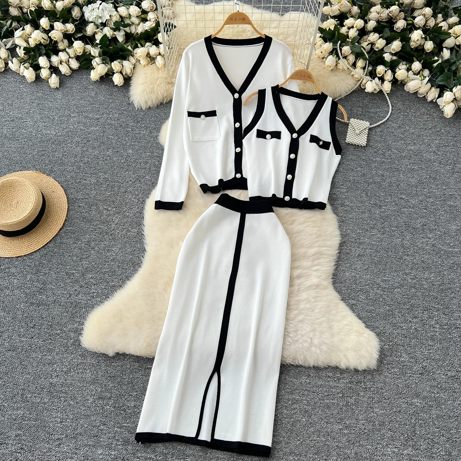 Шикарные комплекты из трех предметов милая жилетка в стиле пэчворк с V-образным