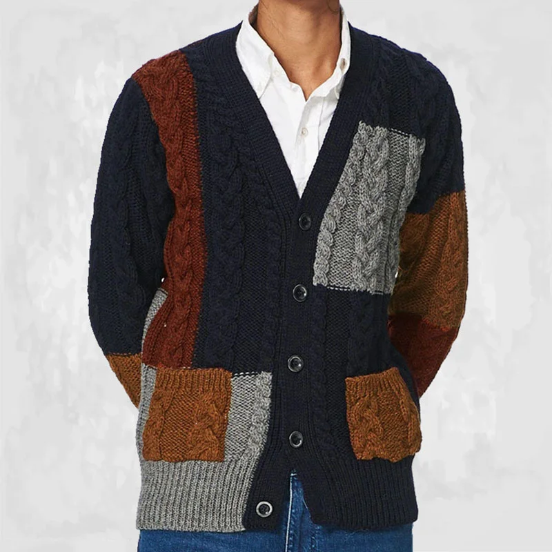 Autumn and winter new men's patch color contrast knitted cardigan V-Neck long sleeve sweater jacket men's sy0132