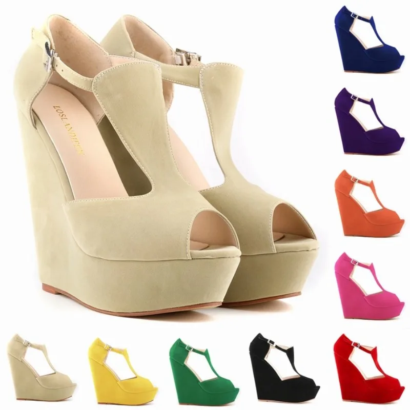 

LOSLANDIFEN Women Pumps Summer Office Lady Shoes Peep Toe Flock 14CM Wedges high heels Platform Dress Sandals Women Shoes Summer