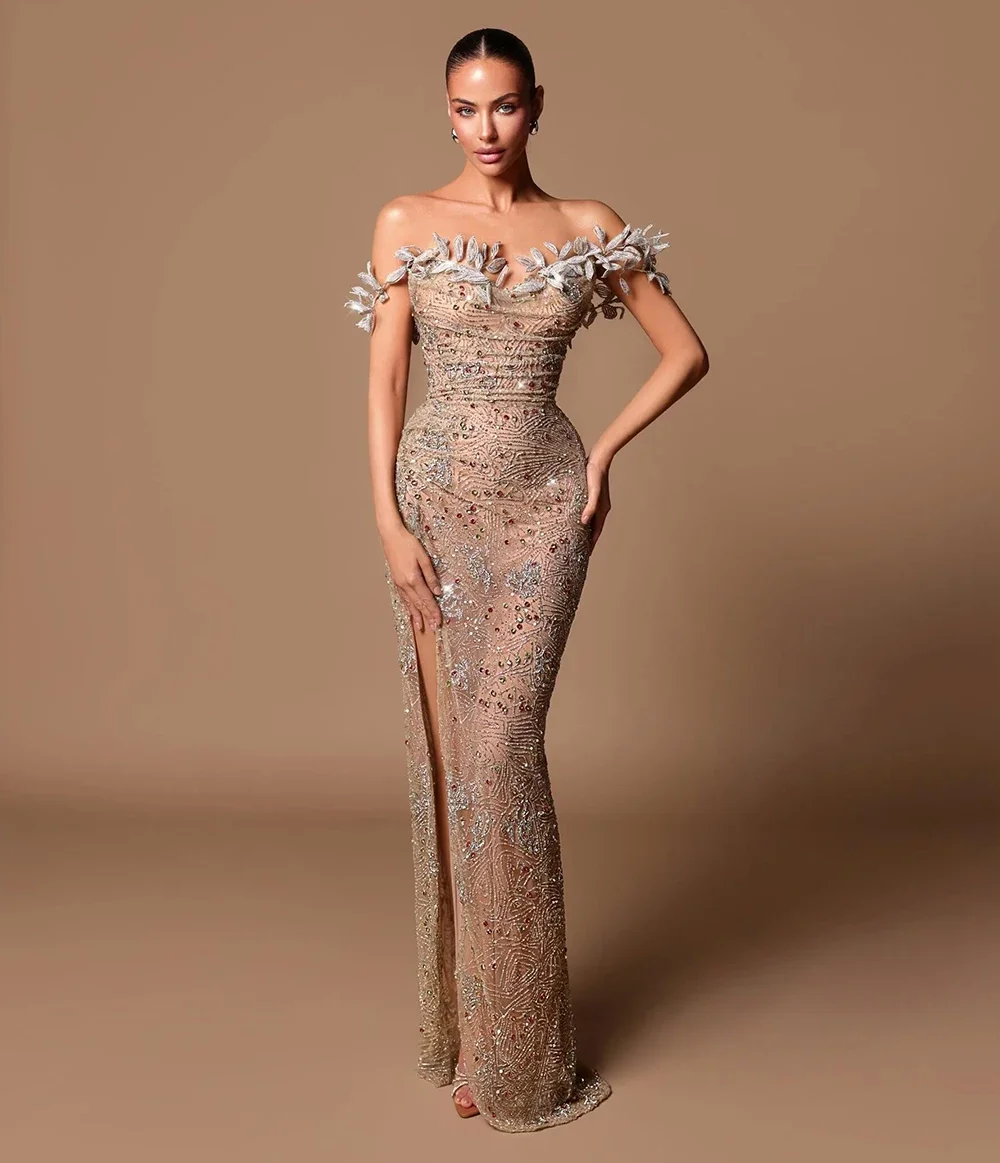 Женское платье макси с открытыми плечами DEIVE TEGER летнее облегающее блестками