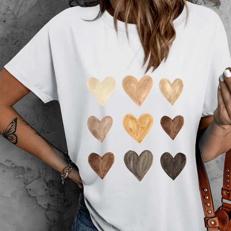 

2022 Women Summer Fashion Loose Round Neck Short Sleeve Tees Shirt Femme Graphic Love Heart Print Casual Y2k Tops Ladies Clothes