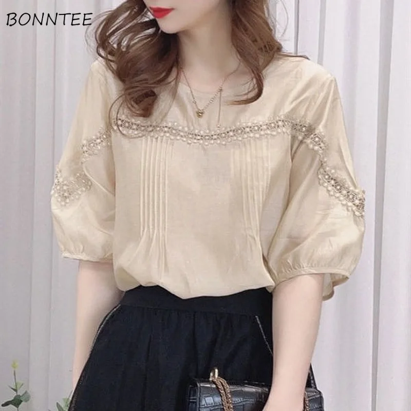 

Blouses Women Patchwork O-neck Elegant Gentle Casual Fashion Cozy All-match Korean Style Summer New Arrival Breathable Ulzzang