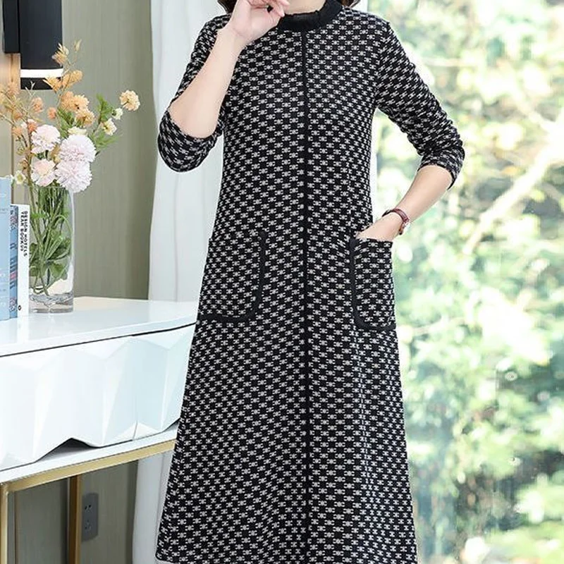 

Офисные женские простые осенне-зимние тонкие платья с принтом Элегантная Лоскутная одежда с карманами и длинным рукавом тонкая женская одежда в Корейском стиле